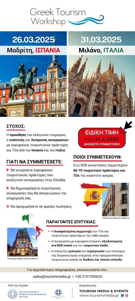 Greek Tourism Workshops, 26.3.2025 ΙΣΠΑΝΙΑ 31.03.2025 ΙΤΑΛΙΑ